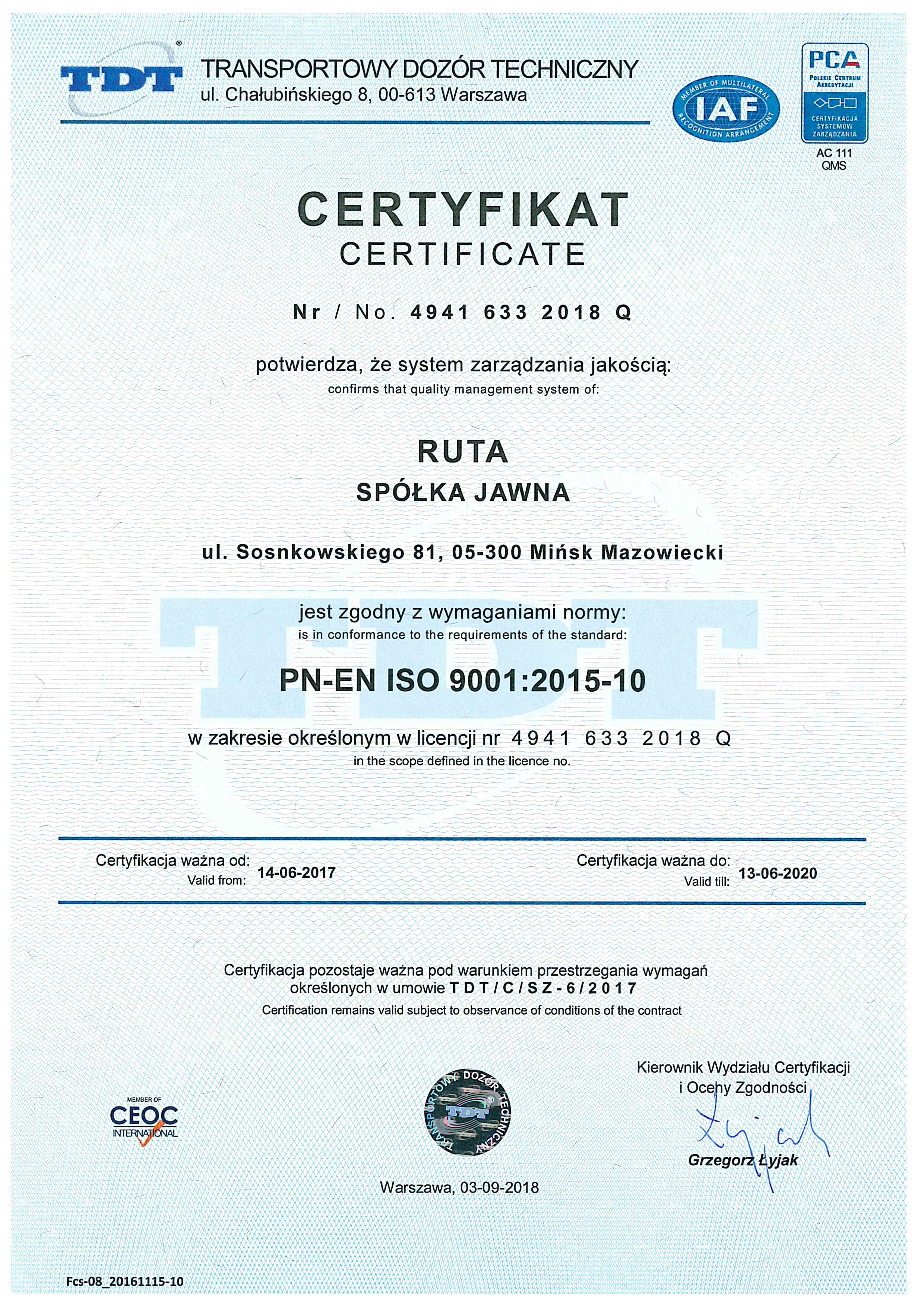 Certyfikat ISO 2018 2020 z PCA